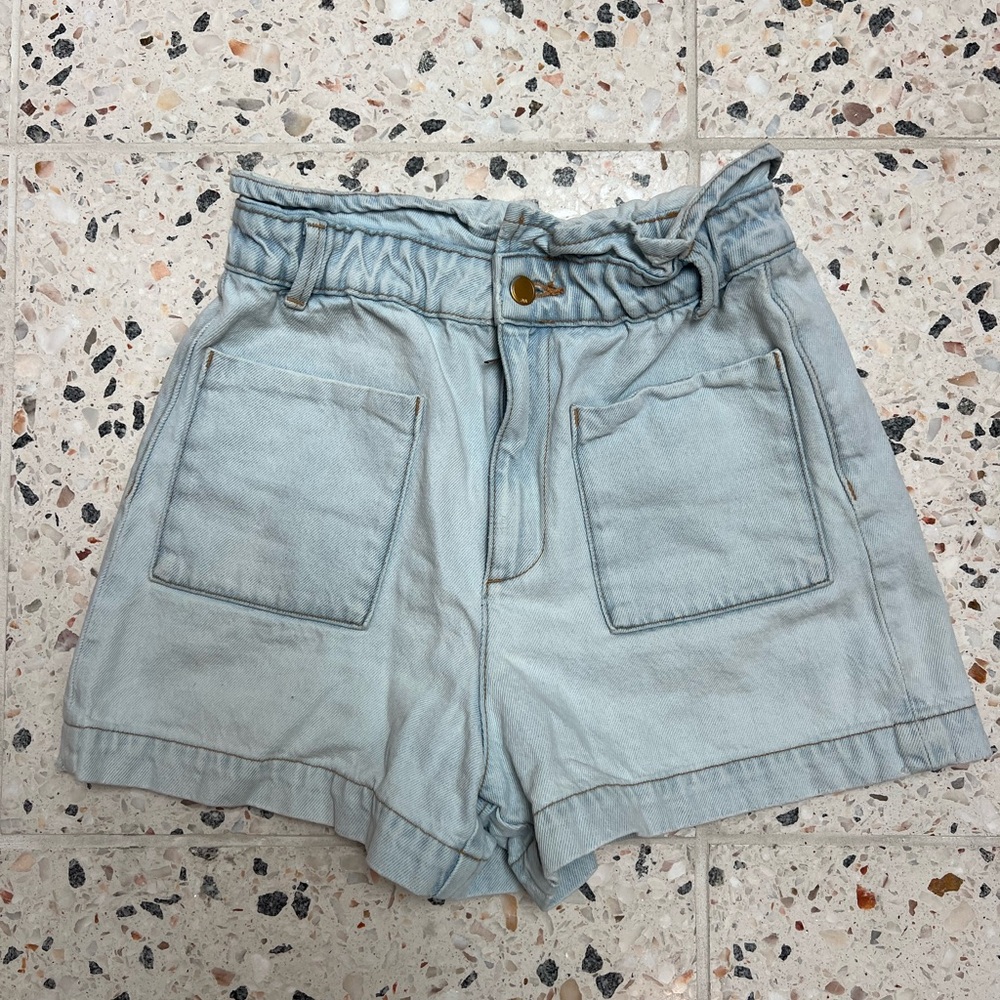 Zara Light Blue High-Waist Debim Paperbag Shorts with Patch Pockets
